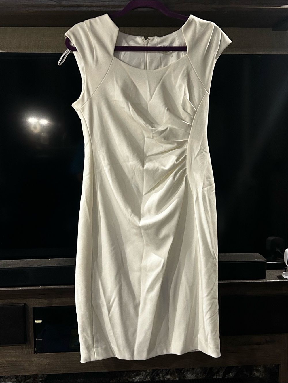 Calvin Klein Cap-Sleeve White Sheath Dress with Side Ruching